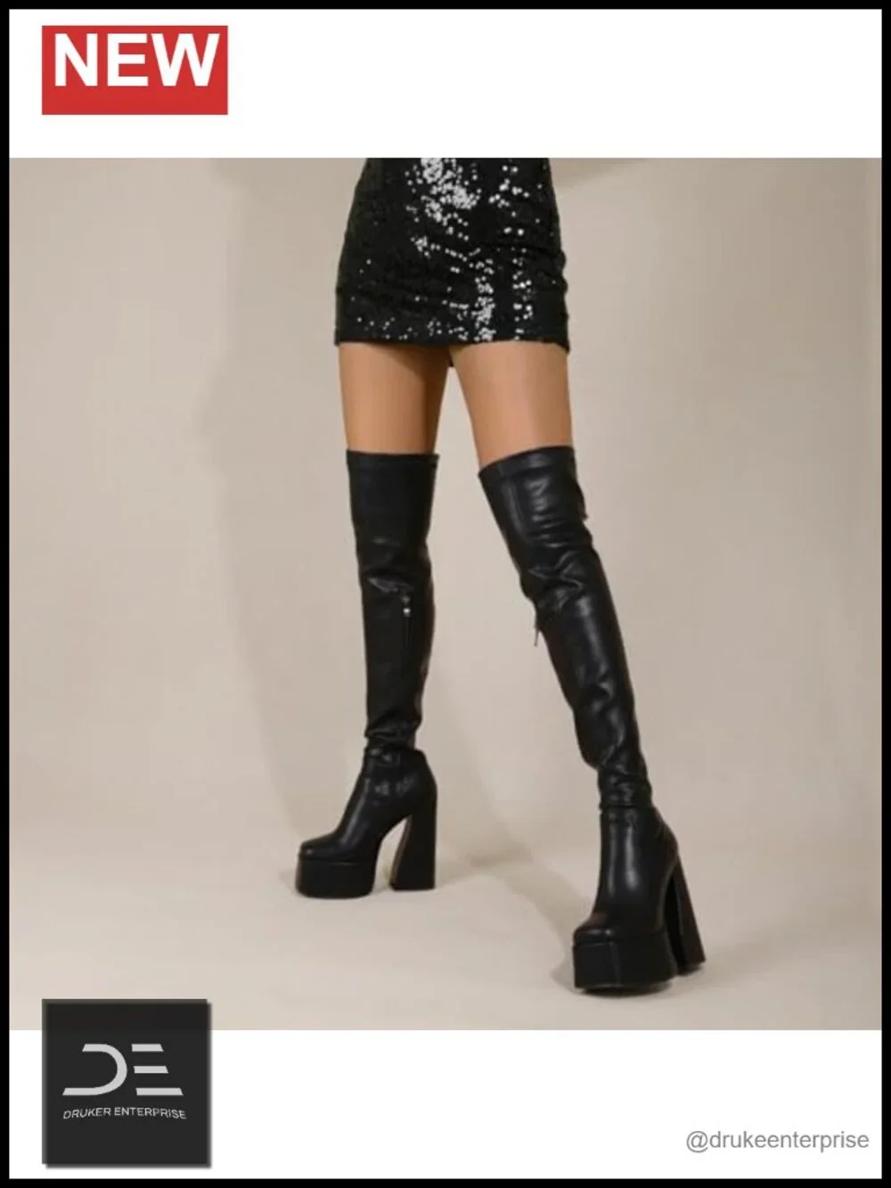 Thigh High Platform Boots Women Chunky Heel Over Knee Stretch PU Leather Square